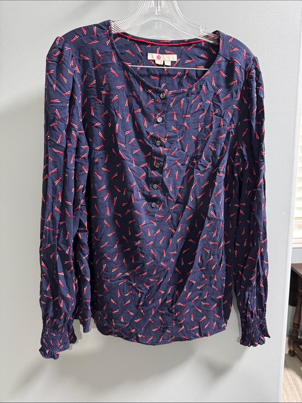 Boden Navy Long-Sleeve Button Front Blouse with red shooting stars